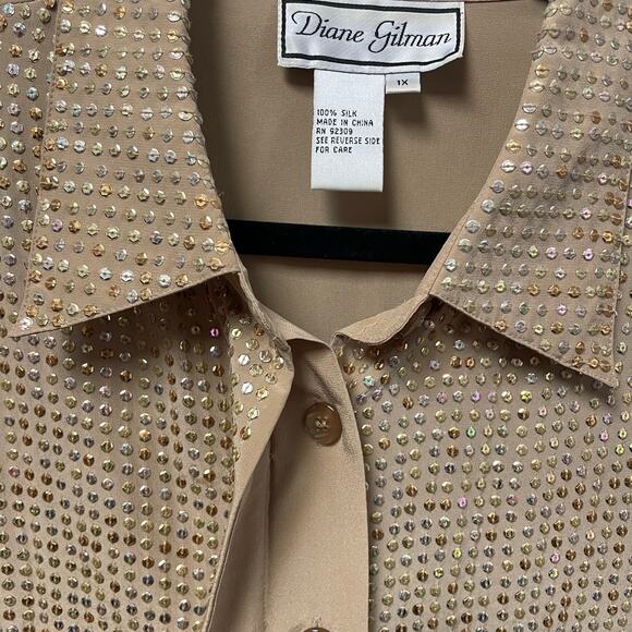 Vintage Diane Gilman Pure Silk Sequin Embellished Button Up Top Gold Womens 1X - Picture 3 of 5